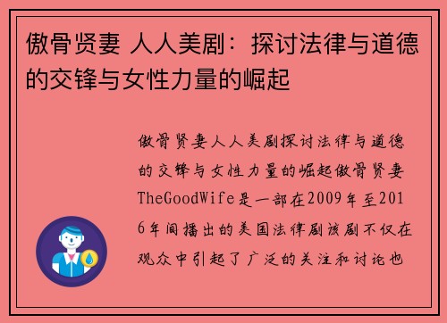 傲骨贤妻 人人美剧：探讨法律与道德的交锋与女性力量的崛起